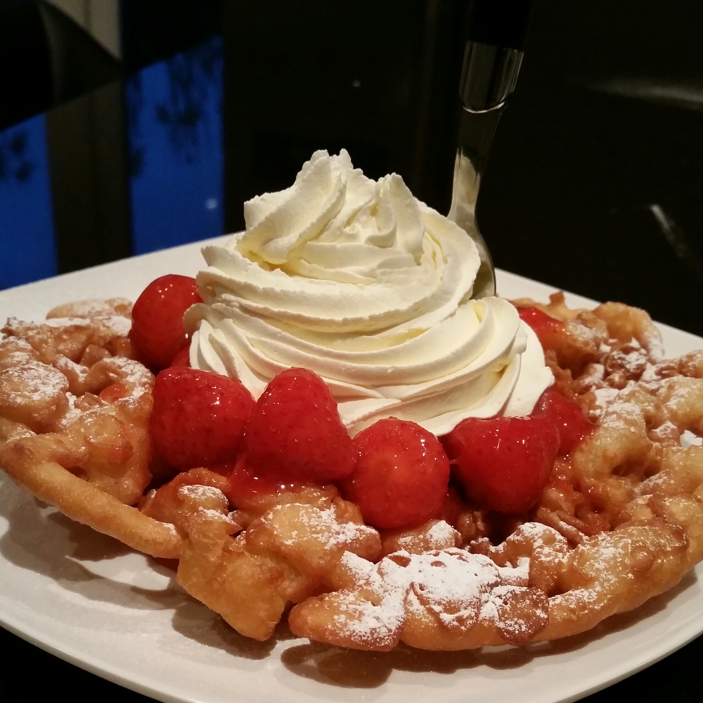 Funnel Cake with Strawberry Sauce and Fresh Double Cream